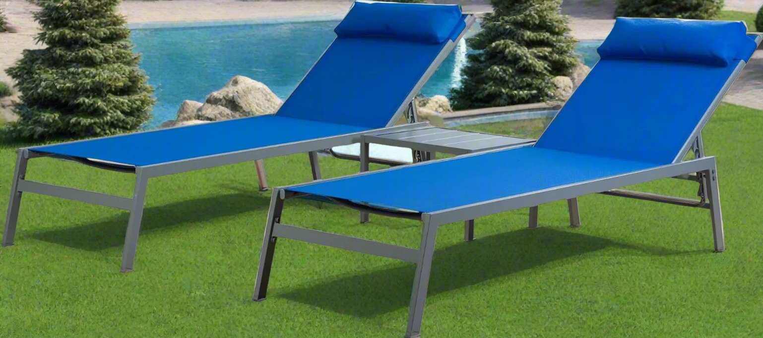 Wilson 3 Pieces Textilene Chaise Lounge Set with Side Table Outdoor,Adjustable Back & Pillow for Yard,Garden,Sunbathing (2 Pack) (Blue W/Table)