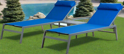 Wilson 3 Pieces Textilene Chaise Lounge Set with Side Table Outdoor,Adjustable Back & Pillow for Yard,Garden,Sunbathing (2 Pack) (Blue W/Table)