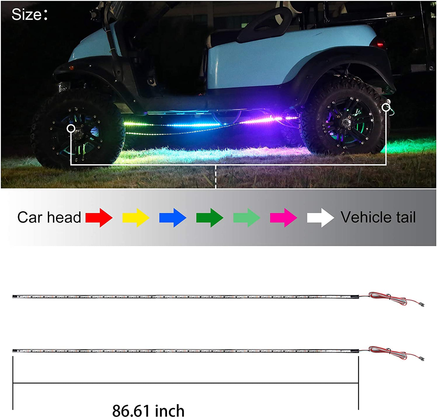 Golf Cart Underglow LED Light Strip Kit, 14 Modes Underbody Glow Neon Lighting with Wireless Remote Control, Sound Active, Water Resistant Flexible Tubes 126-Leds 86 Inch 2 Pack