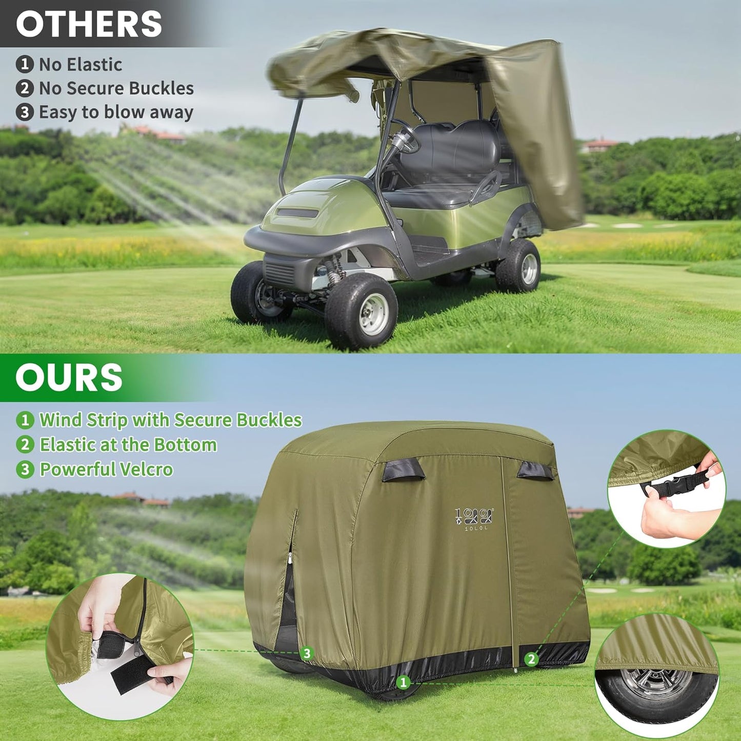 2/4 Passenger Golf Cart Cover Fits for EZGO, Club Car and Yamaha, 400D Waterproof Durable Polyester Golf Cart Cover with Three Zipper Doors Windproof Sunproof - Black/Army Green/Sliver