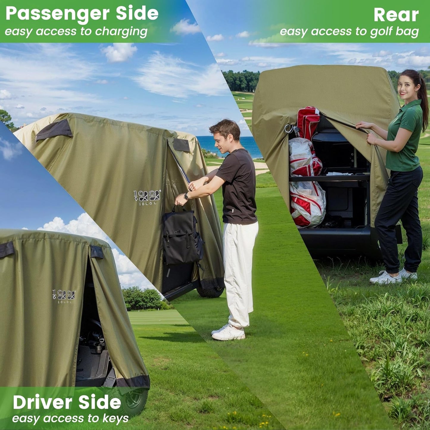 2/4 Passenger Golf Cart Cover Fits for EZGO, Club Car and Yamaha, 400D Waterproof Durable Polyester Golf Cart Cover with Three Zipper Doors Windproof Sunproof - Black/Army Green/Sliver