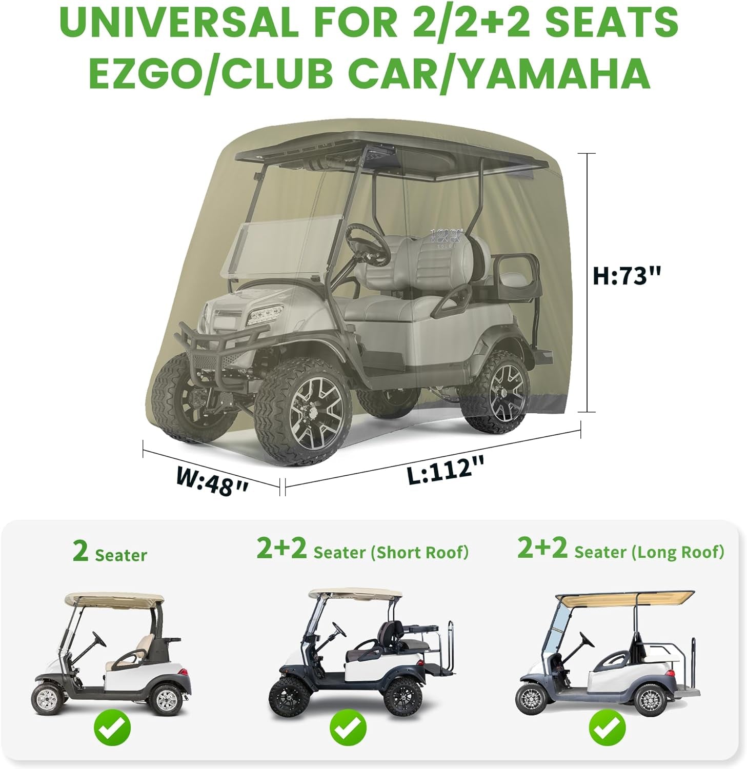 2/4 Passenger Golf Cart Cover Fits for EZGO, Club Car and Yamaha, 400D Waterproof Durable Polyester Golf Cart Cover with Three Zipper Doors Windproof Sunproof - Black/Army Green/Sliver