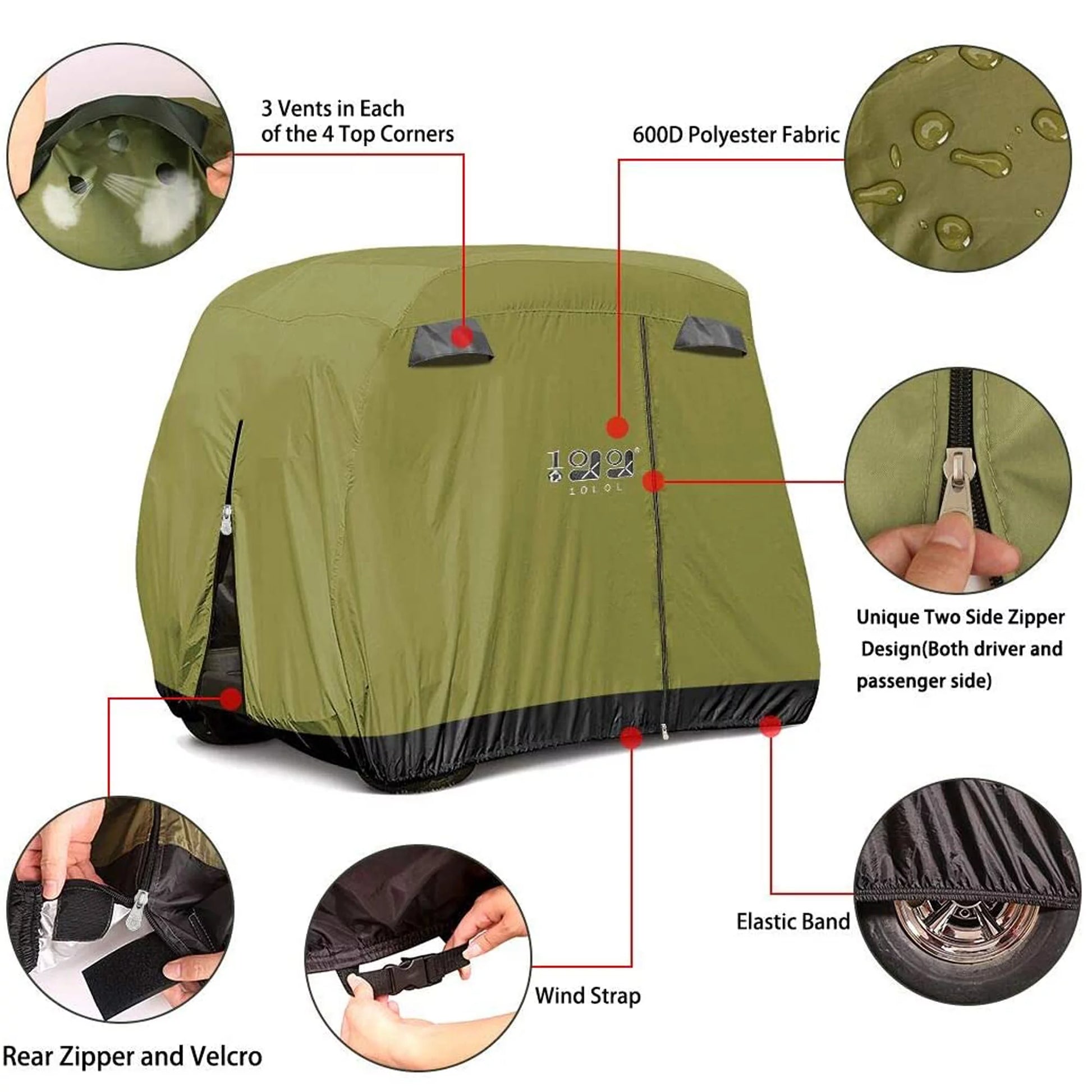 Golf Cart Cover for Yamaha EZGO Club Car, 420D Waterproof Sunproof Dustproof Enclosure Cover- Army Green